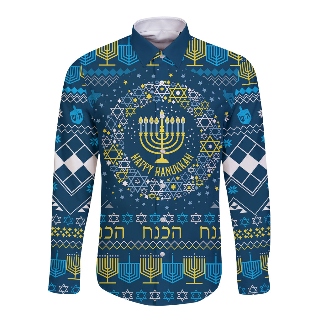 Blue long-sleeve button shirt with menorah and "Happy Hanukkah" front graphic