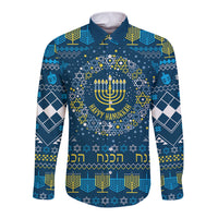 Blue long-sleeve button shirt with menorah and "Happy Hanukkah" front graphic
