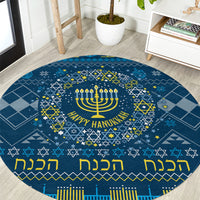 Blue round Hanukkah rug with menorah, stars, and Happy Hanukkah text