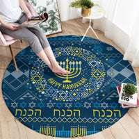 Blue round Hanukkah rug with menorah, star pattern, and Happy Hanukkah lettering