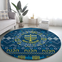 Blue round Hanukkah rug with central menorah, stars, and Happy Hanukkah banner