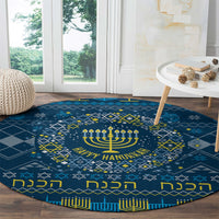 Blue round Hanukkah rug with menorah motif, star and zigzag borders