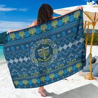 Blue Hanukkah sarong with menorah, Hebrew text, geometric pattern, fringed hem