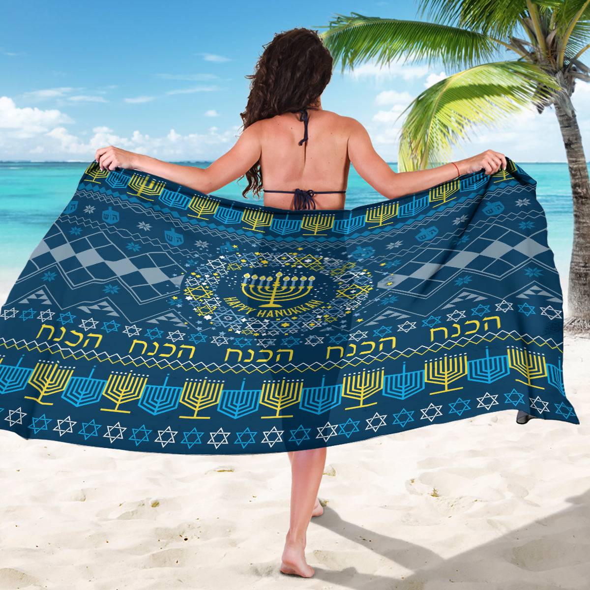 Blue Hanukkah sarong, back view, menorah and Hebrew text with geometric border