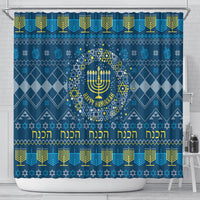 Blue Hanukkah shower curtain featuring Star of David wreath, menorah, and geometric border