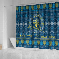Blue Hanukkah shower curtain draped in a bathroom, shows Star of David menorah wreath