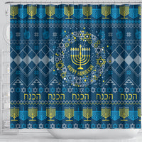 Blue Star of David Hanukkah shower curtain with menorah candles and gold-blue trim border