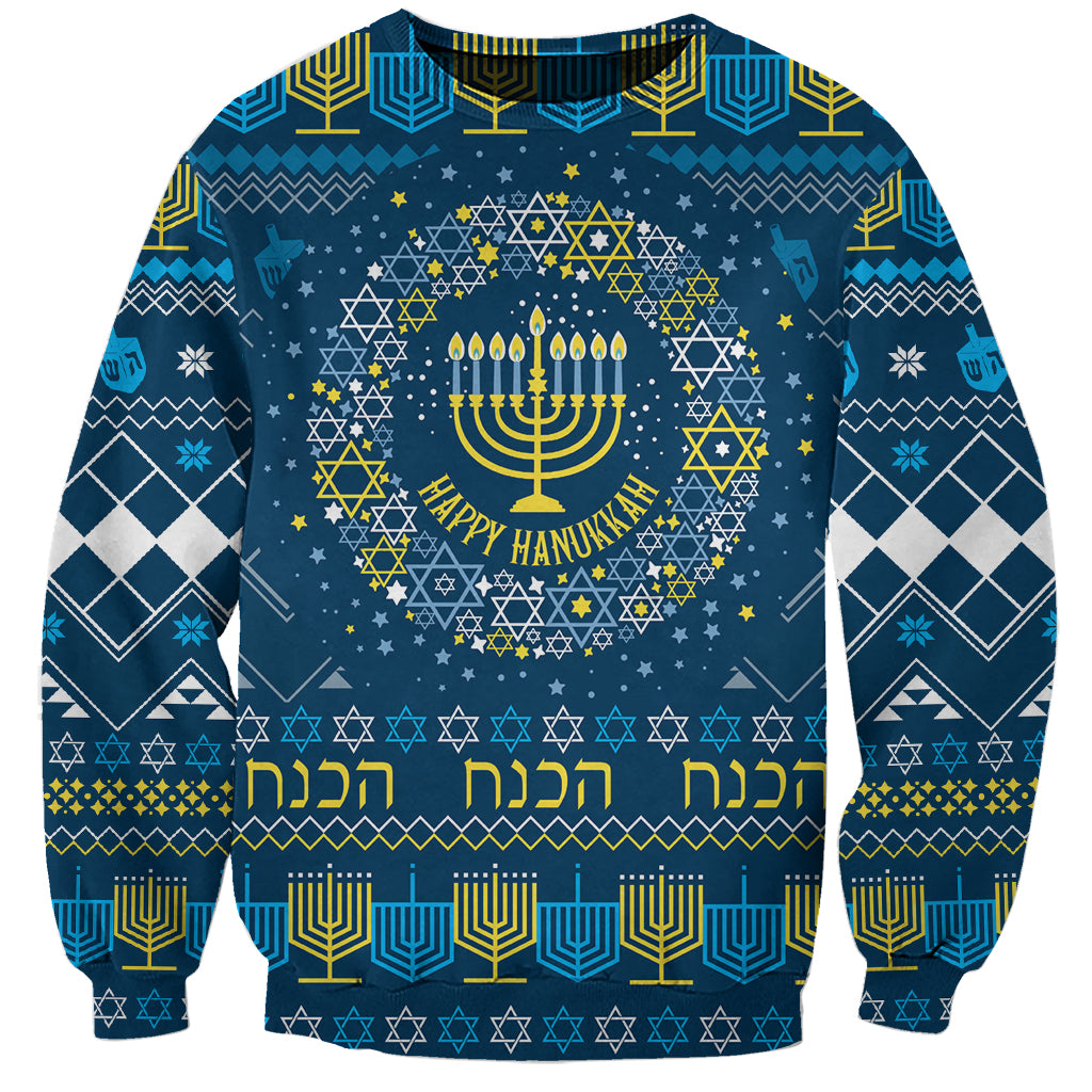 Blue unisex sweatshirt with Hanukkah wreath, menorah lights, and Happy Hanukkah text