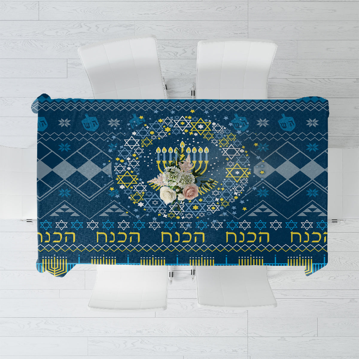 Blue Hanukkah tablecloth with menorah, stars, and geometric patterns