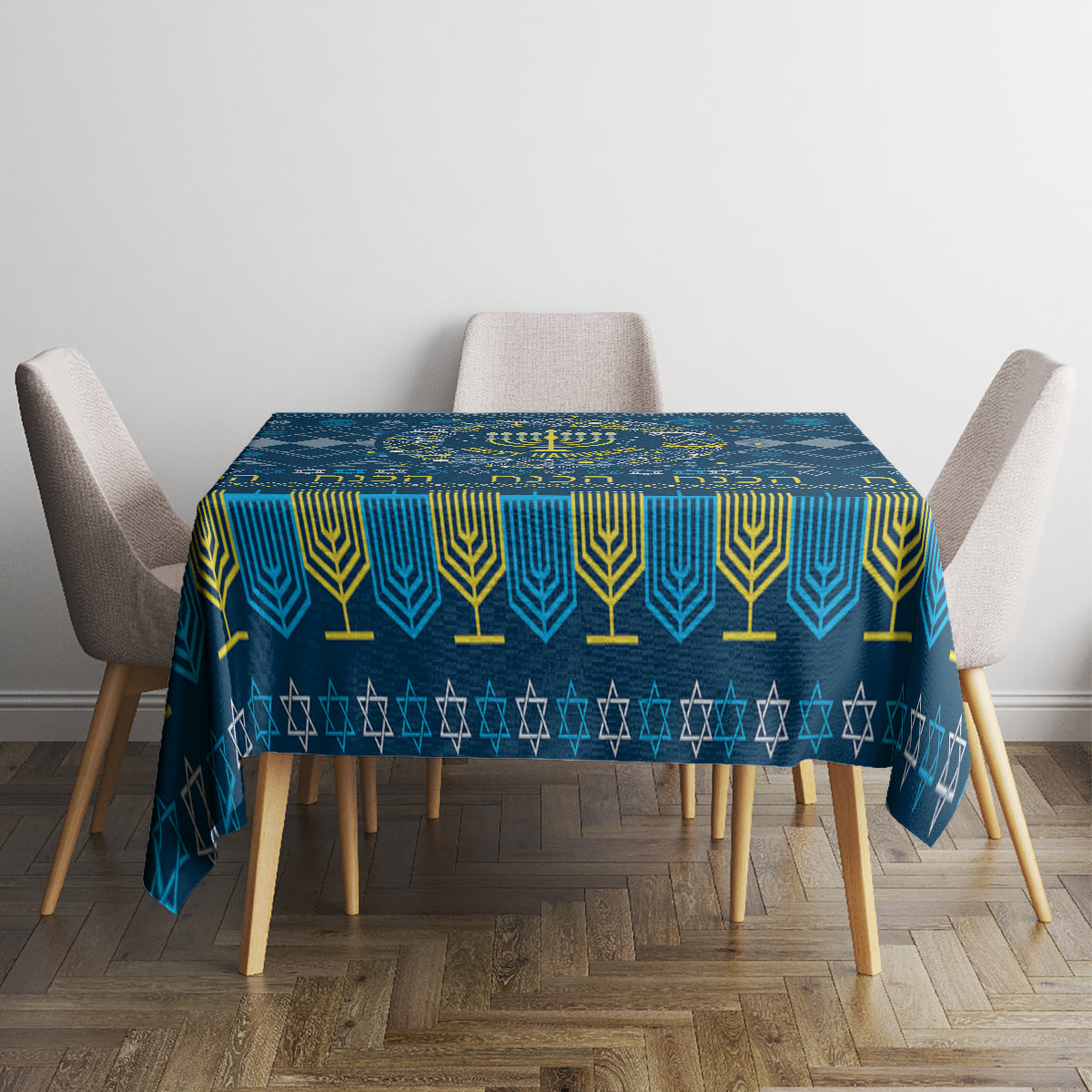Blue Hanukkah tablecloth on round dining table with geometric and menorah design