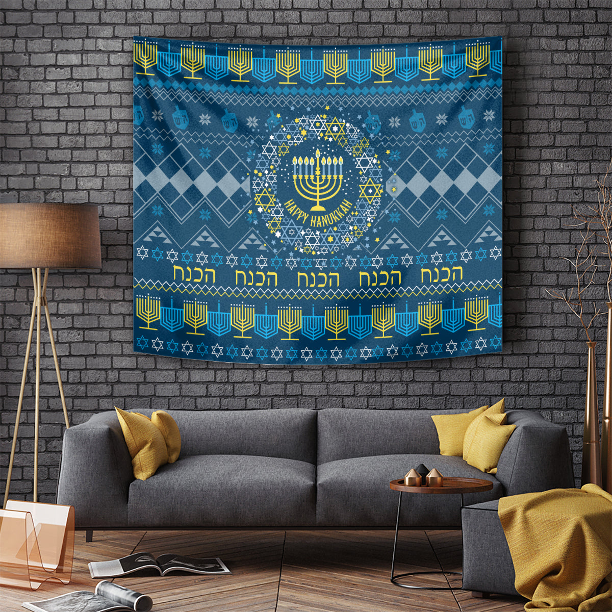 Blue Hanukkah tapestry with menorah wreath and “Happy Hanukkah” text, hanging on wall