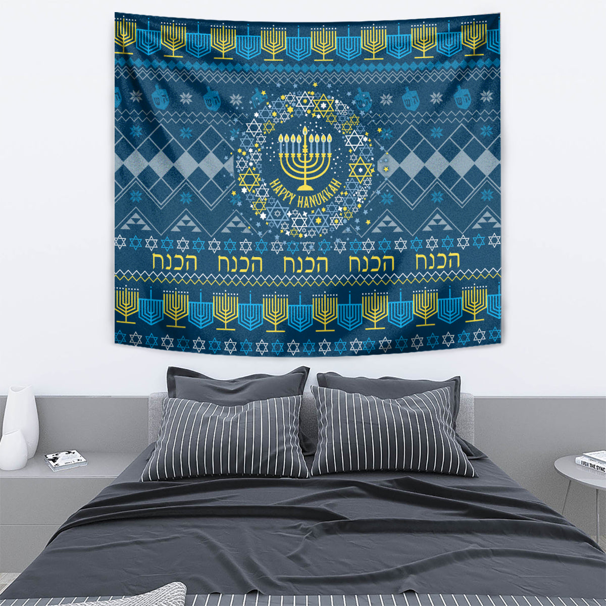 Blue Hanukkah tapestry featuring menorah wreath, “Happy Hanukkah” lettering, and border pattern