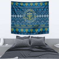 Blue Hanukkah tapestry featuring menorah wreath, “Happy Hanukkah” lettering, and border pattern