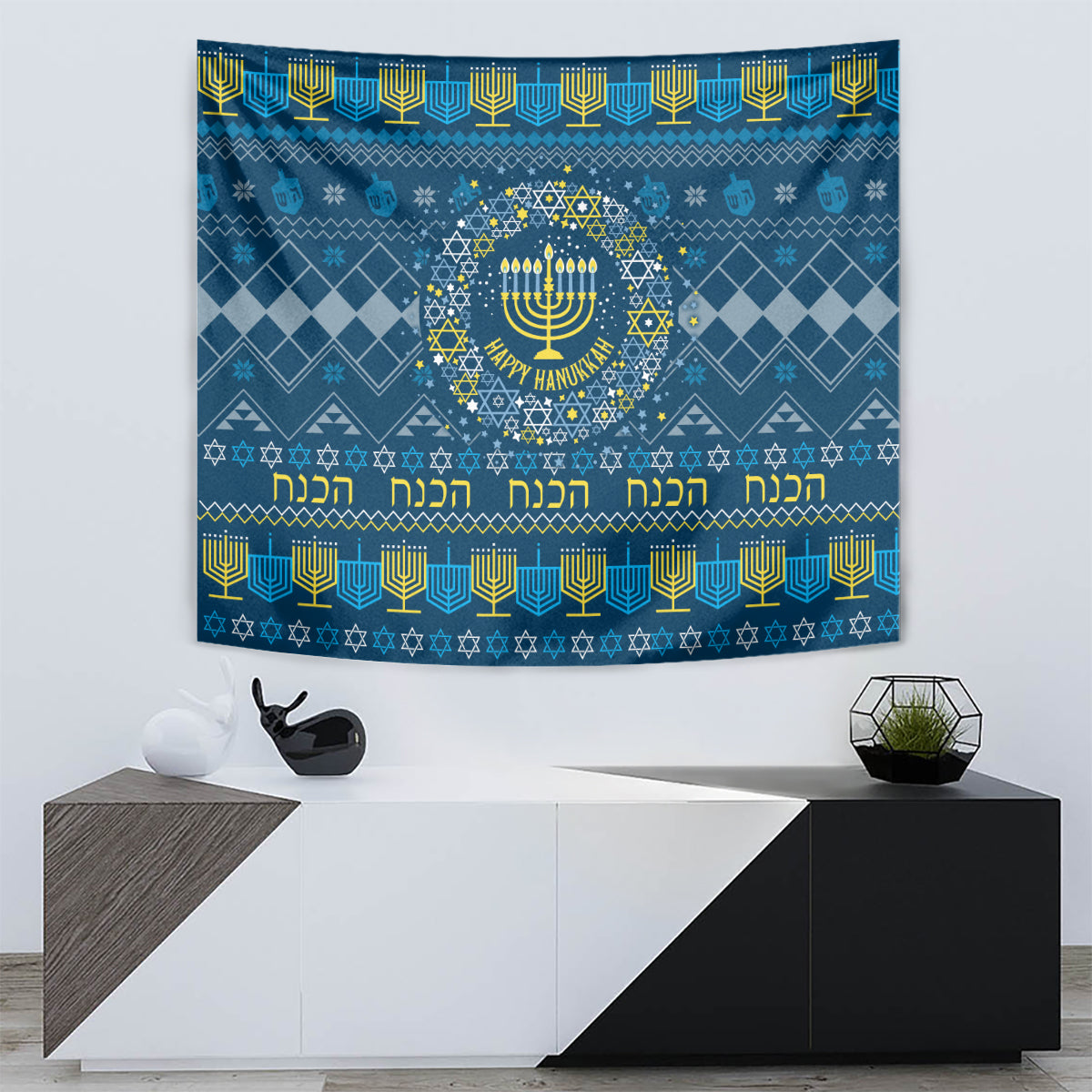 Blue Hanukkah tapestry with menorah wreath centerpiece and decorative geometric border