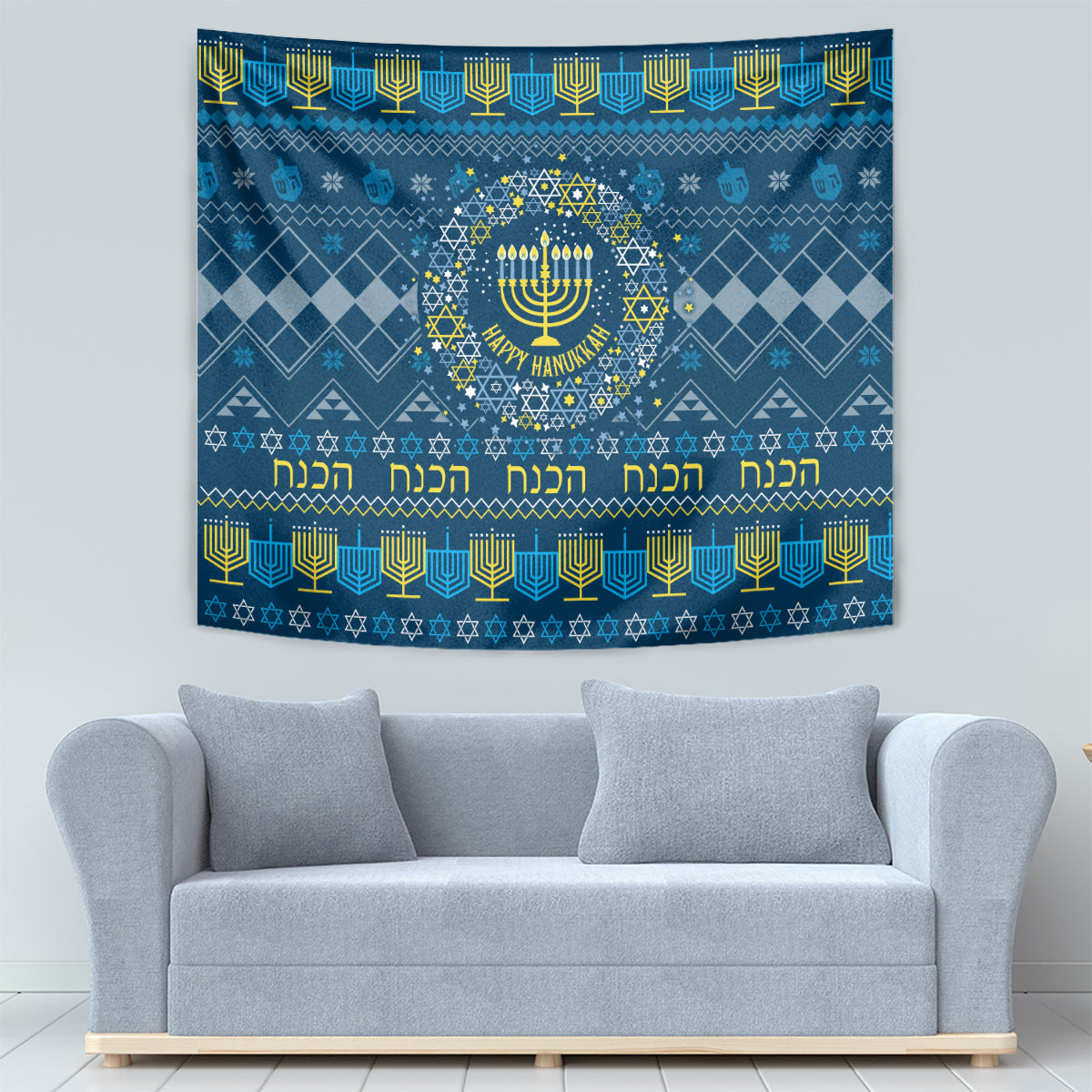 Blue Hanukkah tapestry showing menorah wreath and “Happy Hanukkah” text across the center