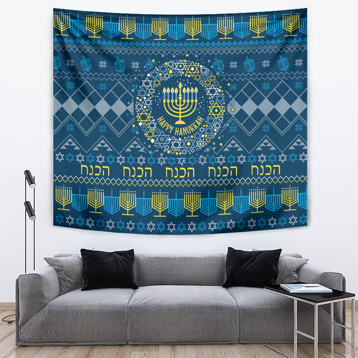 Blue Hanukkah tapestry with menorah wreath, repeated blessings text, and festive border