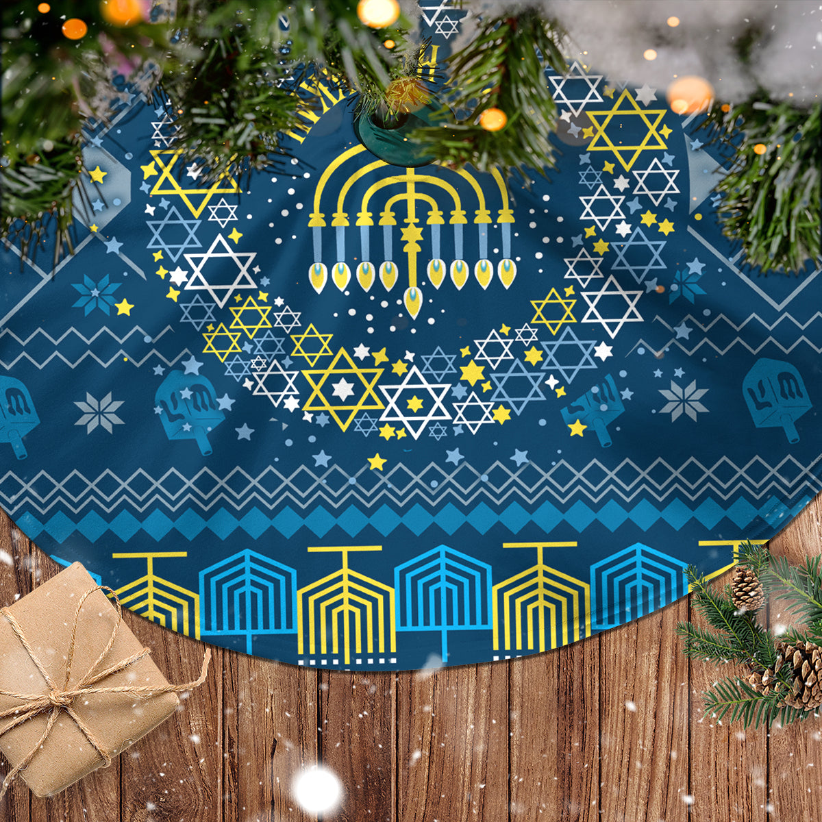 Blue circular Hanukkah tree skirt with menorah and geometric Star of David pattern