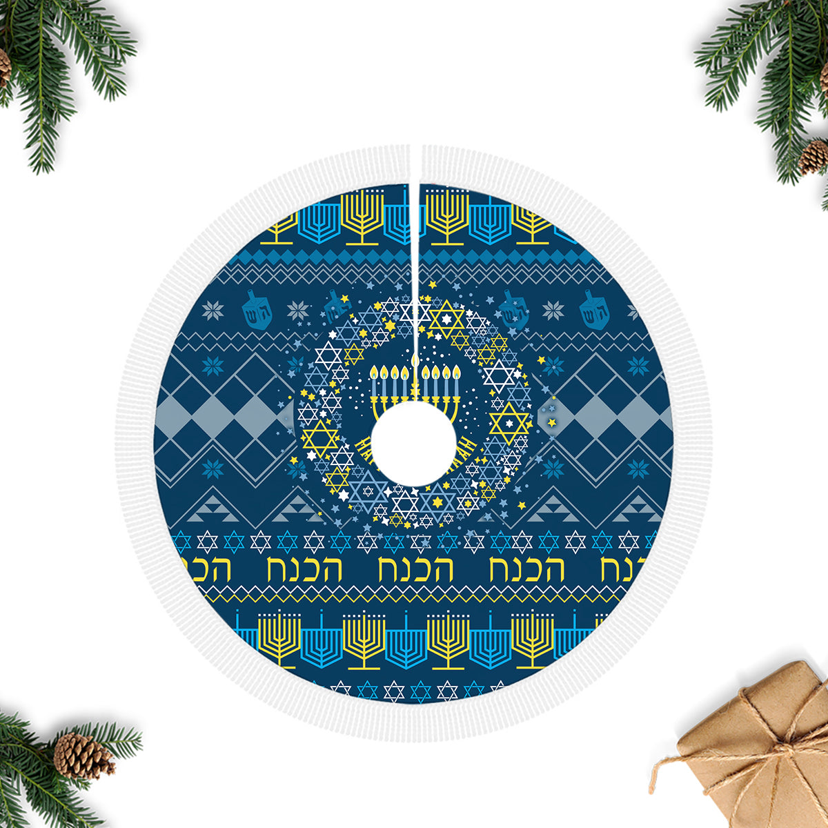 Blue Hanukkah tree skirt with white fringe edge, central hole, menorah and stars