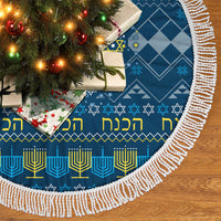 Blue Hanukkah tree skirt with white fringe trim and large menorah with Star of David