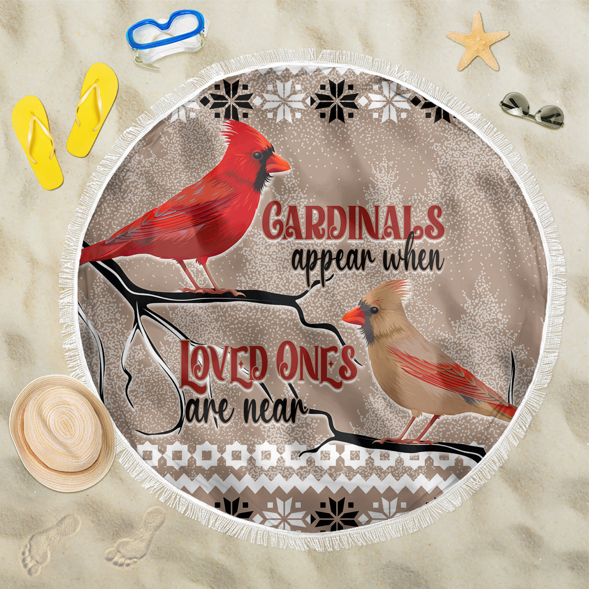 Beige round Christmas beach blanket with red cardinal and text, white fringe border
