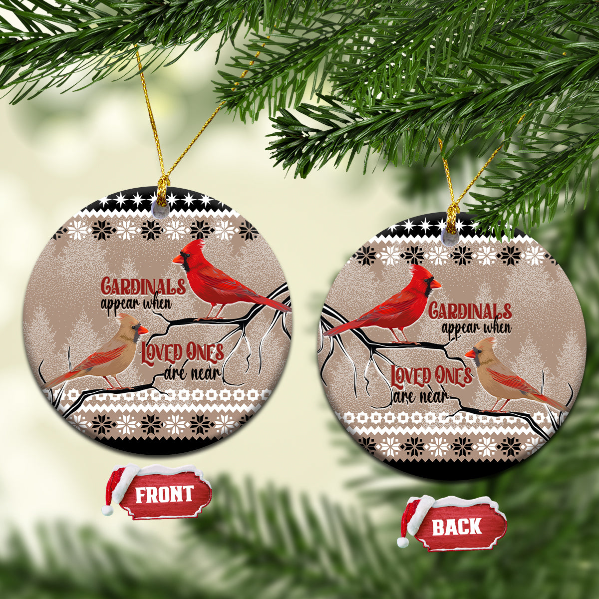 Beige round ceramic cardinal ornament set with gold loops and snowy winter pattern