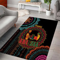 Black Kwanzaa area rug featuring central mandala and "Happy Kwanza" lettering