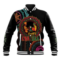 Black unisex varsity baseball jacket with colorful mandala Happy Kwanzaa front graphic