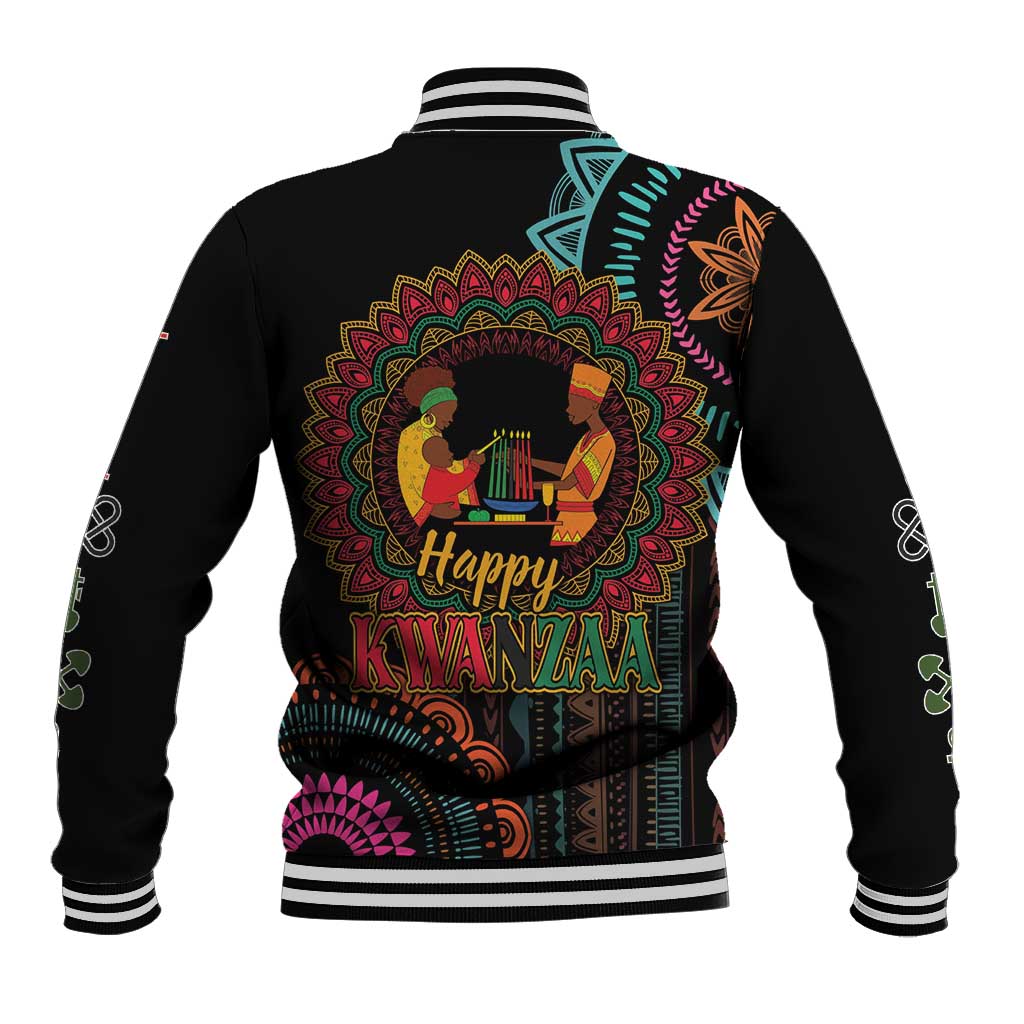 Black unisex varsity baseball jacket with colorful mandala Happy Kwanzaa back graphic