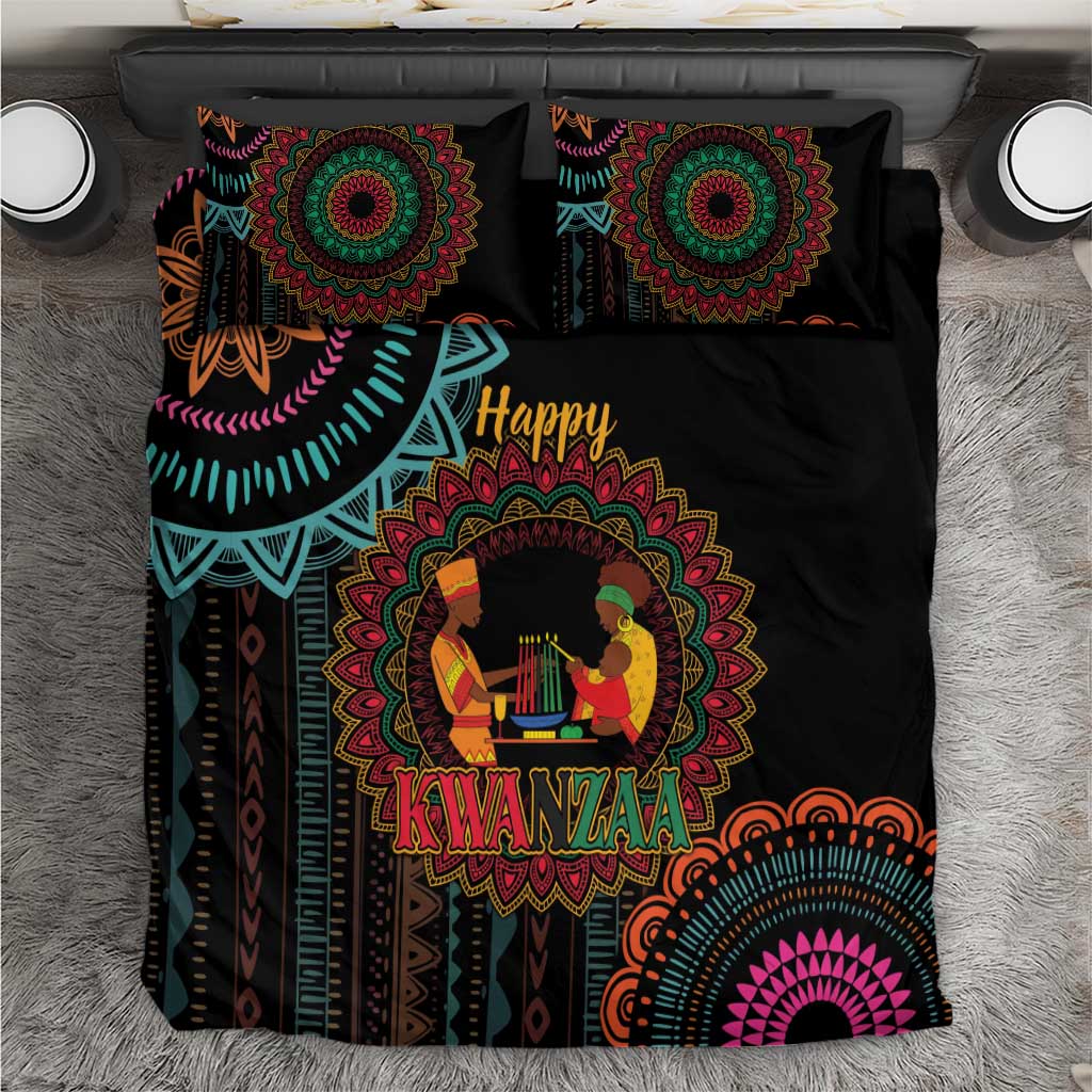 Black Kwanzaa African bedding set with colorful mandala art and 'Happy Kwanzaa' text