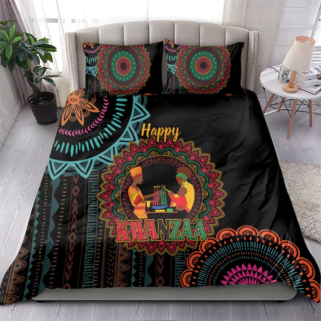 Black Kwanzaa bedding set with matching pillows, colorful mandala designs and 'Happy Kwanzaa'