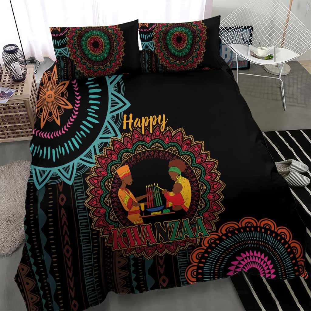 Black Kwanzaa African bedding set with central mandala scene and 'Happy Kwanzaa' lettering