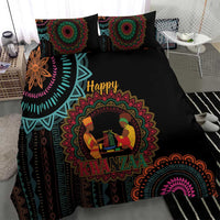 Black Kwanzaa African bedding set with central mandala scene and 'Happy Kwanzaa' lettering