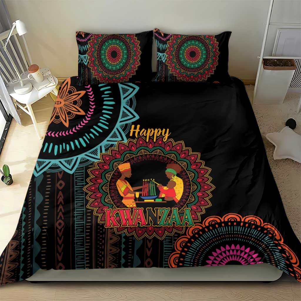 Black Kwanzaa bedding set with two patterned pillows and large mandala 'Happy Kwanzaa' art