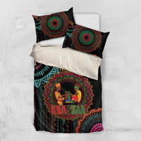 Black Kwanzaa African bedding set shown flat with duvet and pillows, mandala 'Happy Kwanzaa'