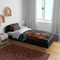 Black Kwanzaa bedding set on bed with colorful mandala graphics and 'Happy Kwanzaa' text