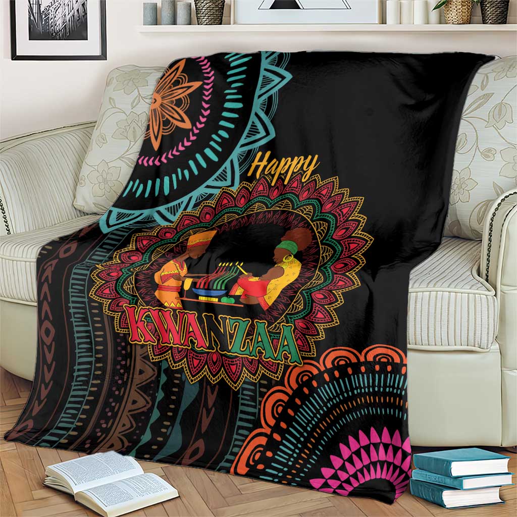 Black Kwanzaa mandala blanket with “Happy Kwanzaa” centerpiece and fan patterns