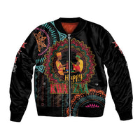 Unisex black bomber jacket with Happy Kwanzaa mandala graphic, front