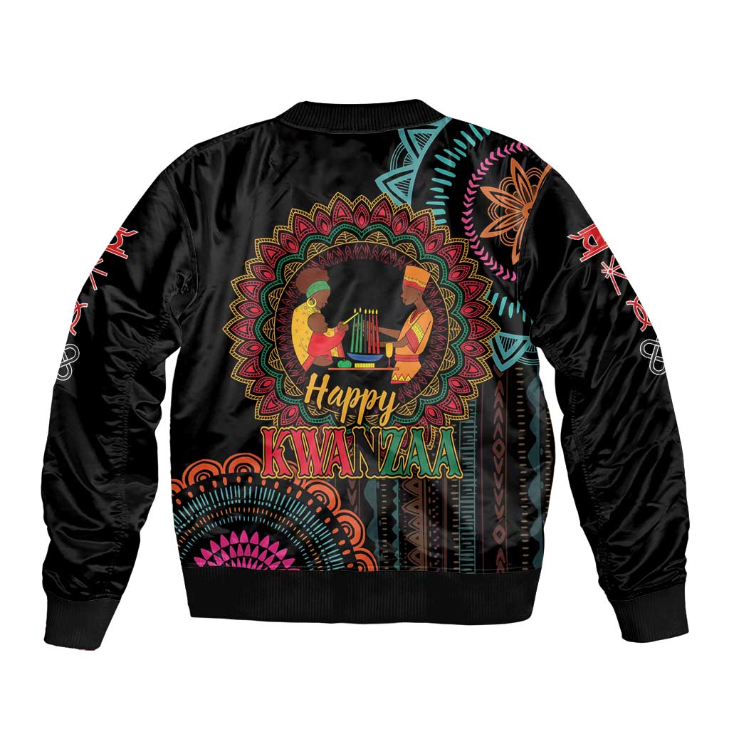 Unisex black bomber jacket with Happy Kwanzaa mandala graphic, back view