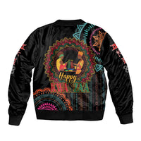 Unisex black bomber jacket with Happy Kwanzaa mandala graphic, back view