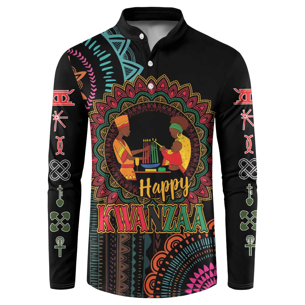 Black button-up sweatshirt with colorful 'Happy Kwanzaa' mandala front graphic