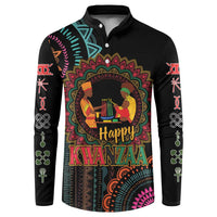 Black button-up sweatshirt with colorful 'Happy Kwanzaa' mandala front graphic
