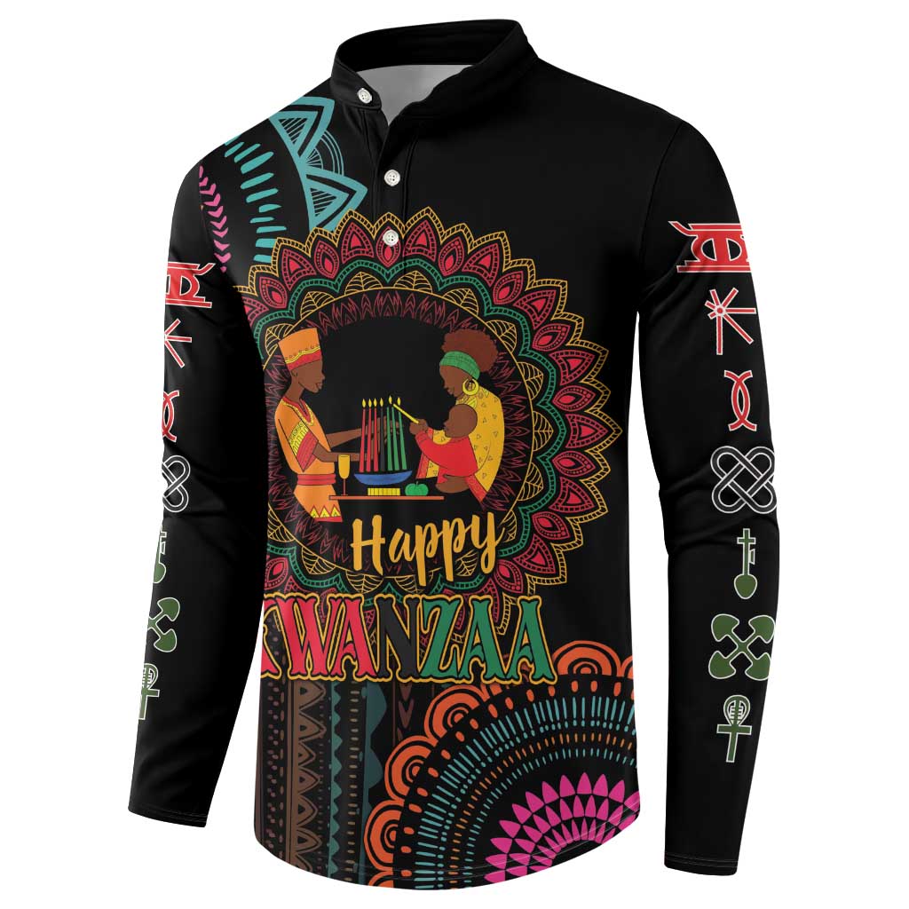 Black long-sleeve button sweatshirt with 'Happy Kwanzaa' chest graphic and sleeves symbols