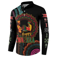 Black long-sleeve button sweatshirt with 'Happy Kwanzaa' chest graphic and sleeves symbols