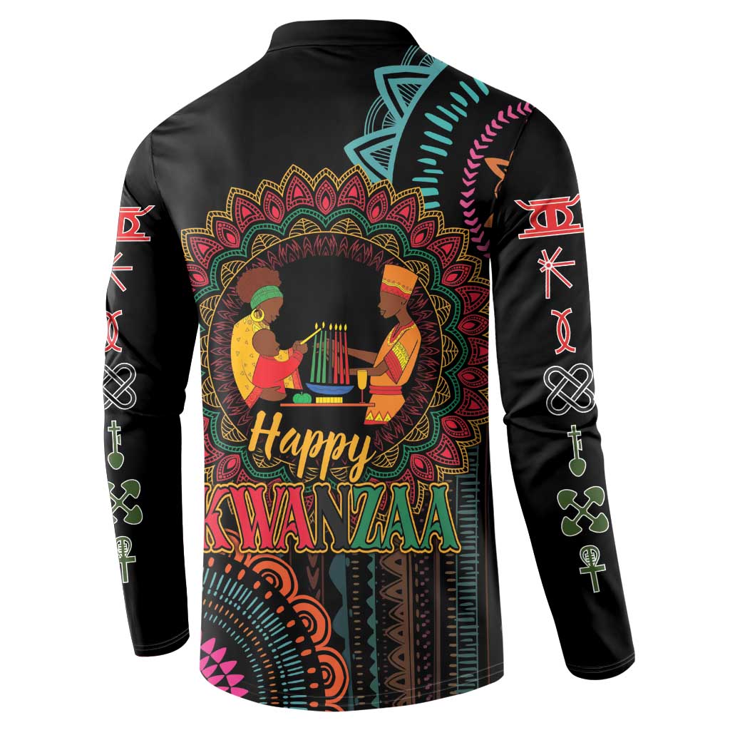 Black long-sleeve button sweatshirt with 'Happy Kwanzaa' back mandala artwork