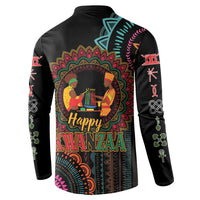 Black long-sleeve button sweatshirt with 'Happy Kwanzaa' back mandala artwork