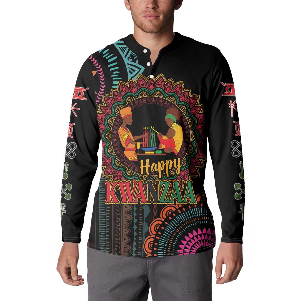 Black button-up sweatshirt on model with colorful 'Happy Kwanzaa' front print