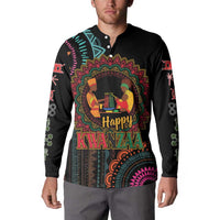 Black button-up sweatshirt on model with colorful 'Happy Kwanzaa' front print