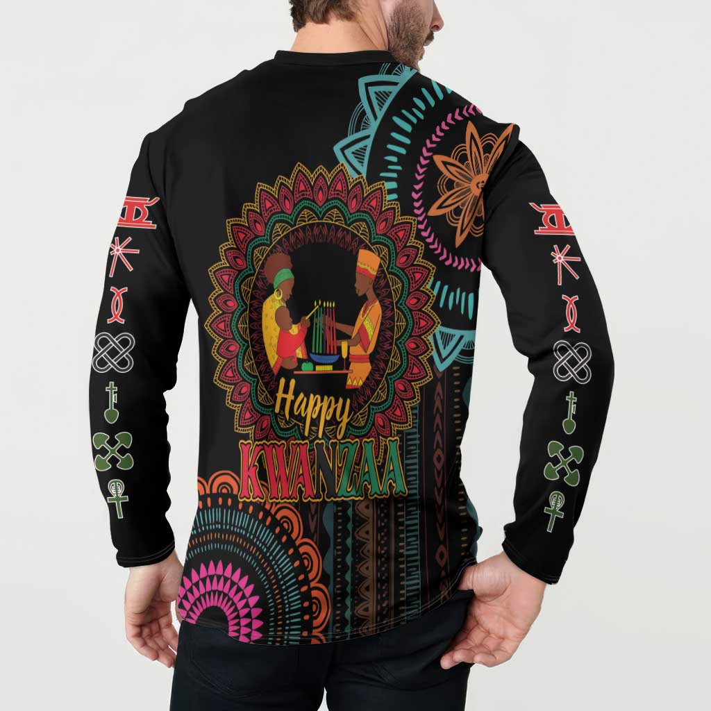 Black sweatshirt with colorful back panel featuring 'Happy Kwanzaa' figures and mandala
