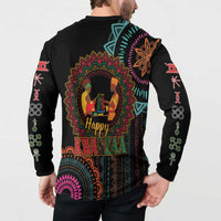 Black sweatshirt with colorful back panel featuring 'Happy Kwanzaa' figures and mandala