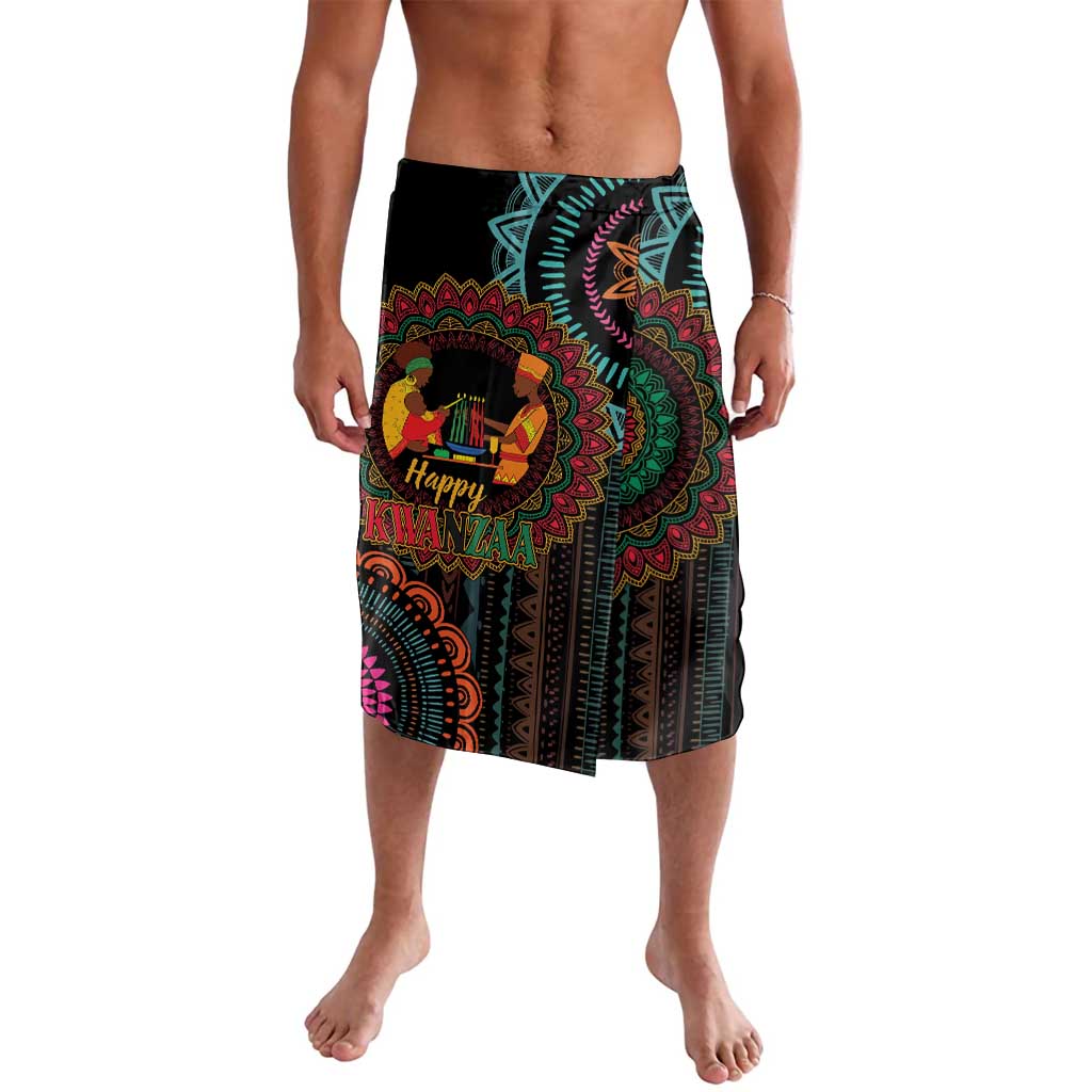 Black mandala sarong skirt with elastic waistband and colorful Kwanzaa-style graphics